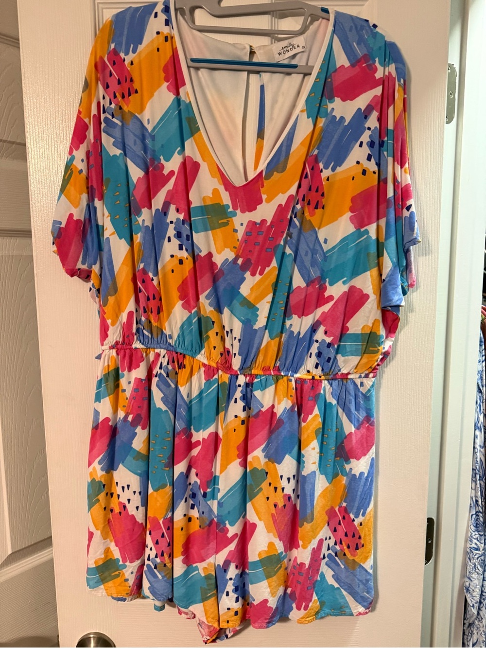 Chic Soul Multicolor Brushstroke Romper - Pink Blue Yellow Teal